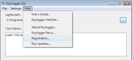 Keylogger lite registration window